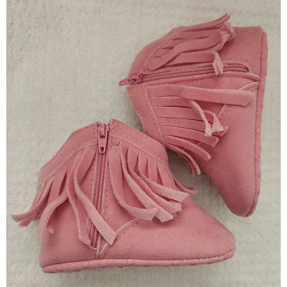 Baby Pink Fringe Cowboy Boots Infant Size 2 Soft Sole Zippered Crib Shoes